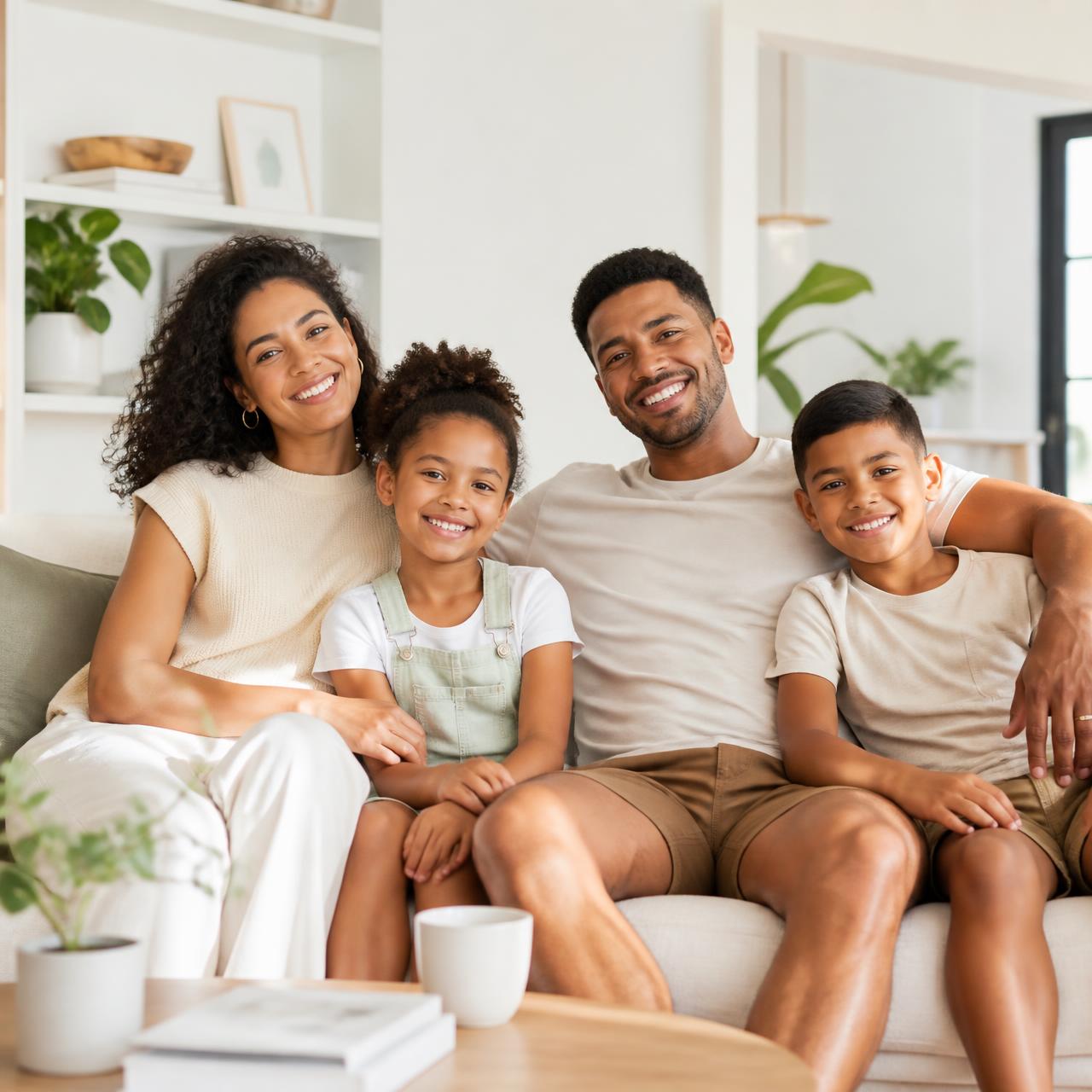 Família brasileira sorrindo em casa, protegida pela Smart Vida